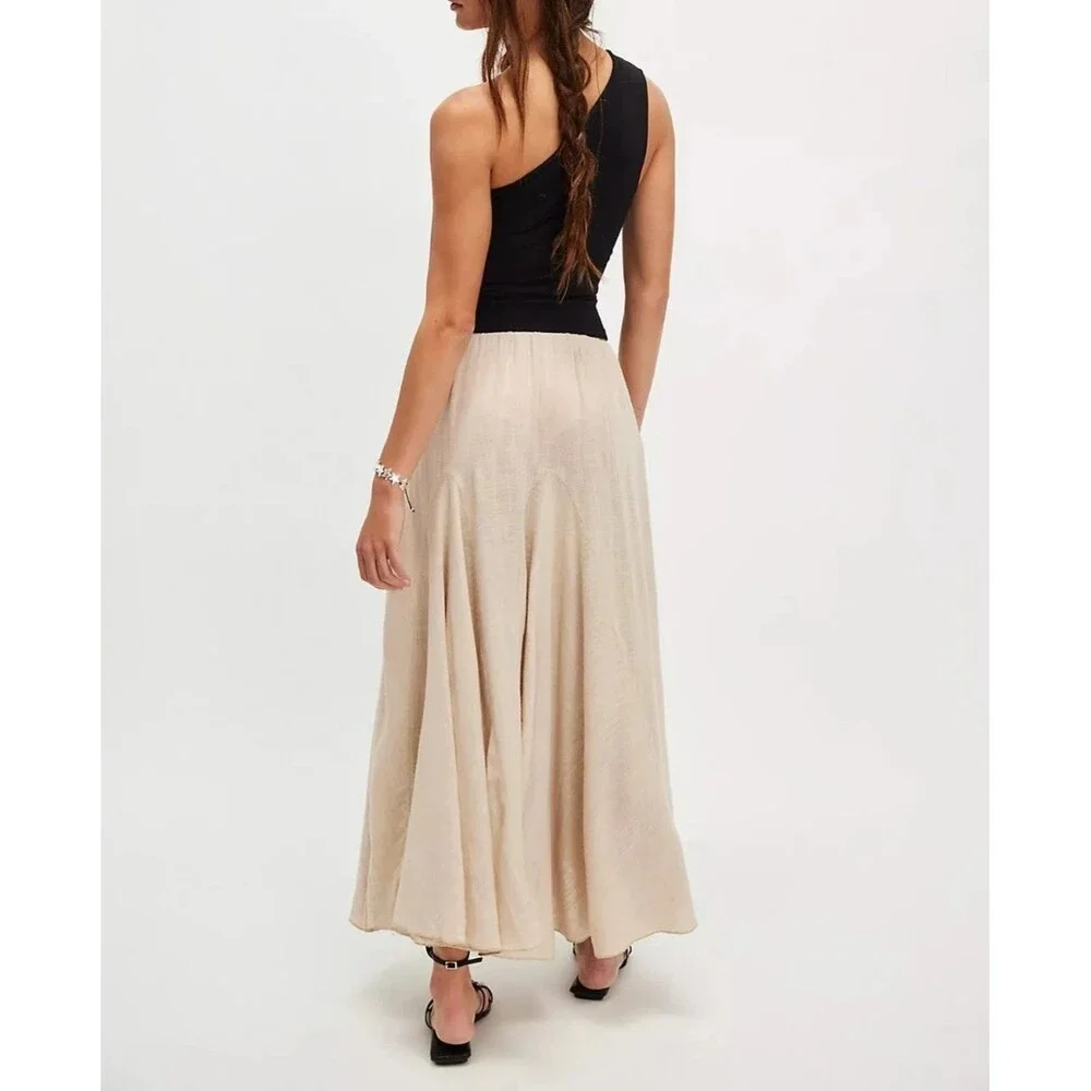 Free People Madras That Solid Linen Maxi Skirt A Line Godet Mid Rise XS 287550